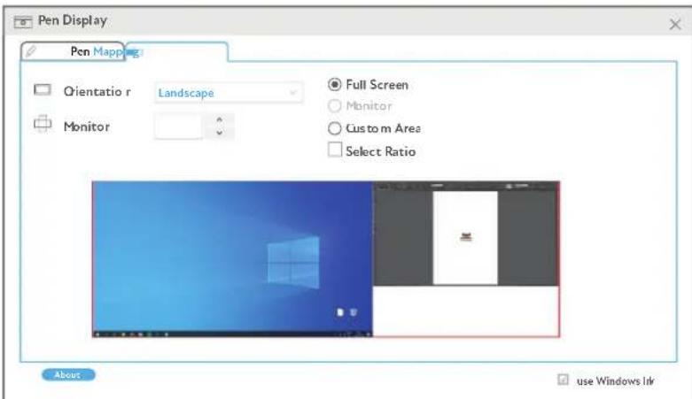 Pen Display Pen Mapping Orientatio r Landscape Monitor Full Screen Monitor Custom Area Select Ratio About use Windows Help