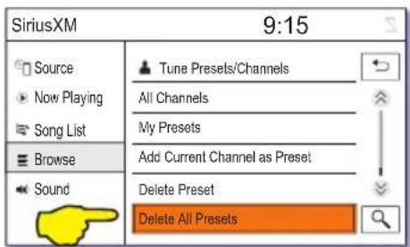 SiriusXM 9:15 Source Now Playing Song List Browse Sound Tune Presets/Channels All Channels My Presets Add Current Channel as Preset Delete Preset Delete All Presets