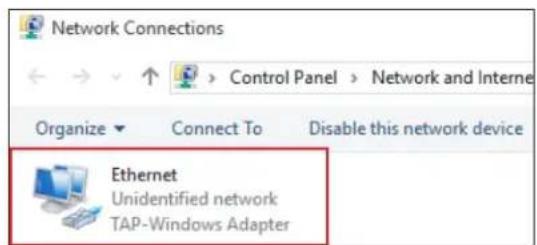 Network Connections Control Panel > Network and Interne Organize ▼ Connect To Disable this network device Ethernet Unidentified network TAP-Windows Adapter