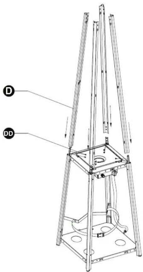 Technical diagram of a mechanical device with labeled components D and DD, showing structural supports and internal components.