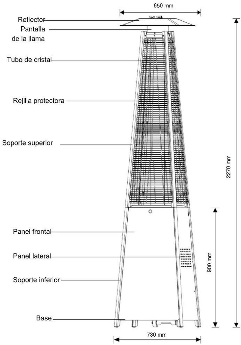 650 mm Reflector Pantalla de la llama Tubo de cristal Rejilla protectora Soporte superior Panel frontal Panel lateral Soporte inferior Base 730 mm 900 mm 2270 mm
