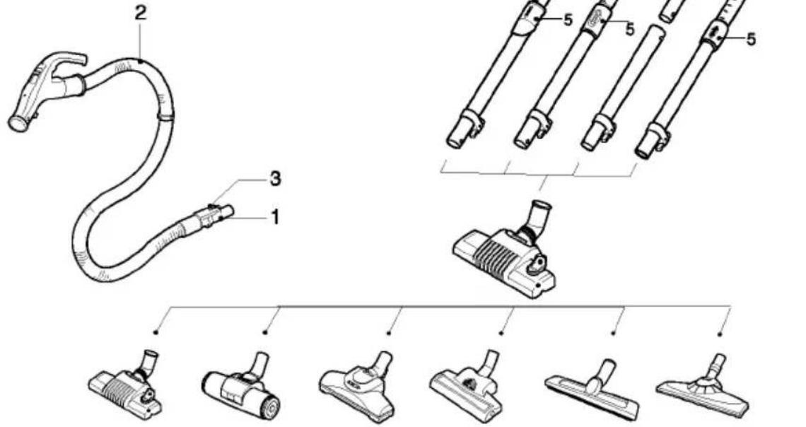 Technical diagram showing exploded view of a vacuum cleaner with labeled parts and exploded view of the main component.