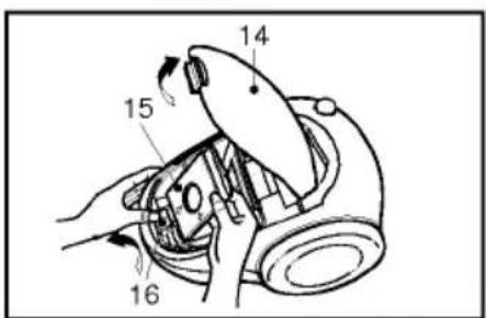 Technical diagram of a mechanical device with numbered parts and directional arrows indicating motion or assembly.