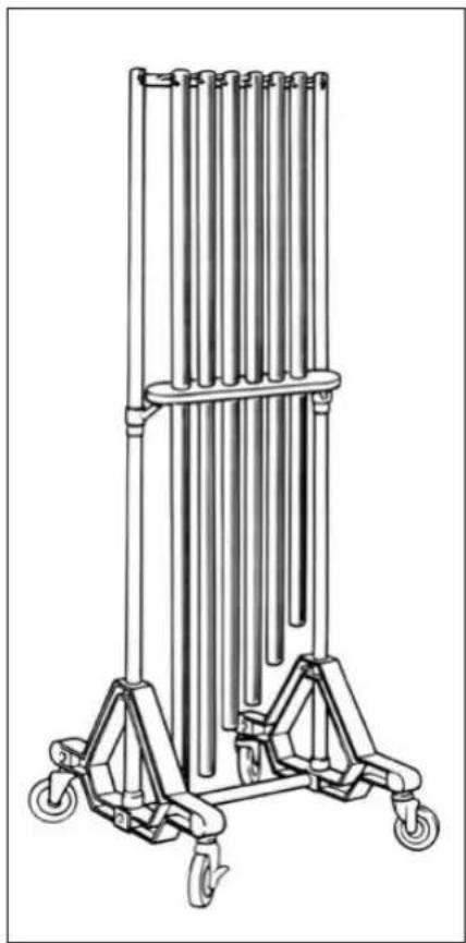 Technical line drawing of a multi-tiered mechanical stand with wheels, no text or symbols present