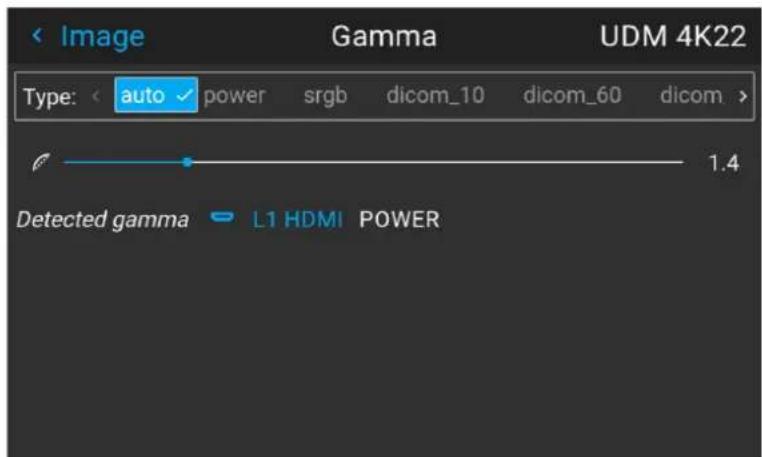 Image Gamma UDM 4K22 Type: auto power srgb dicom_10 dicom_60 dicom > Detected gamma L1 HDMI POWER