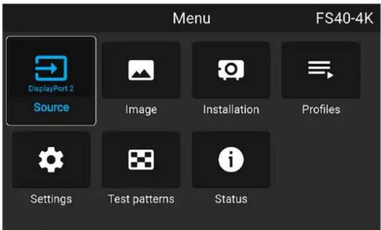 Menu FS40-4K DisplayPort 2 Source Image Installation Profiles Settings Test patterns Status