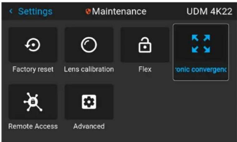 Settings Maintenance UDM 4K22 Factory reset Lens calibration Flex Ionic convergenc Remote Access Advanced