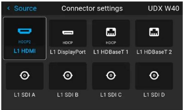 Source Connector settings UDX W40 HDCP2 L1 HDMI HDCP HDCP L1 DisplayPort L1 HDBaseT 1 L1 HDBaseT 2 L1 SDI A L1 SDI B L1 SDI C L1 SDI D