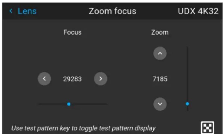 < Lens Zoom focus UDX 4K32 Focus Zoom 29283 7185 Use test pattern key to toggle test pattern display