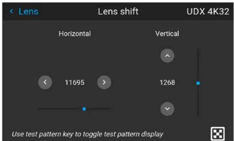 Lens Lens shift UDX 4K32 Horizontal Vertical 11695 1268 Use test pattern key to toggle test pattern display