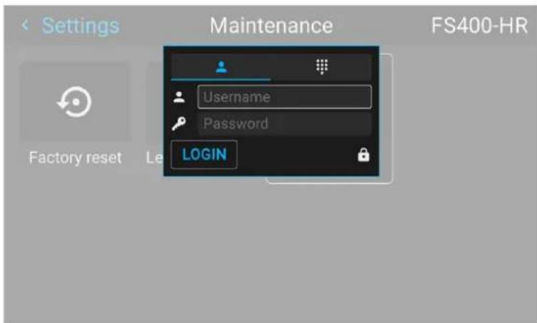 Settings Maintenance FS400-HR Username Password LOGIN Factory reset Le