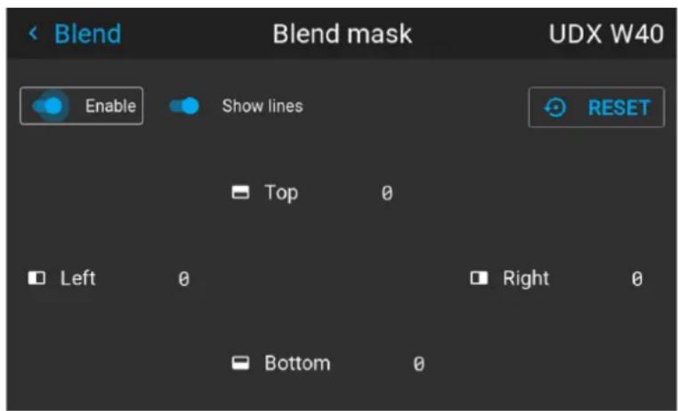 Blend Blend mask UDX W40 Enable Show lines RESET Top 0 Left 0 Right 0 Bottom 0
