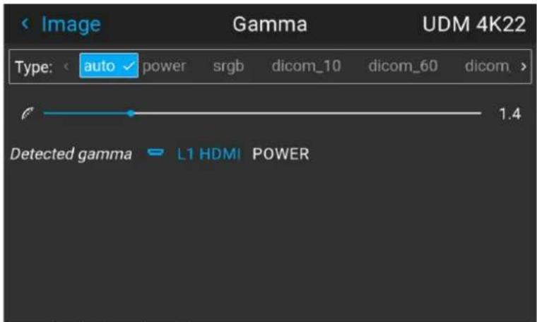 Image Gamma UDM 4K22 Type: auto power srgb dicom_10 dicom_60 dicom > 1.4 Detected gamma L1 HDMI POWER