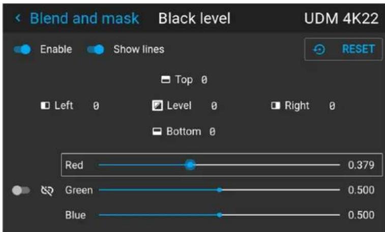 Blend and mask Black level UDM 4K22 Enable Show lines RESET Top 0 Left 0 Level 0 Right 0 Bottom 0 Red 0.379 Green 0.500 Blue 0.500
