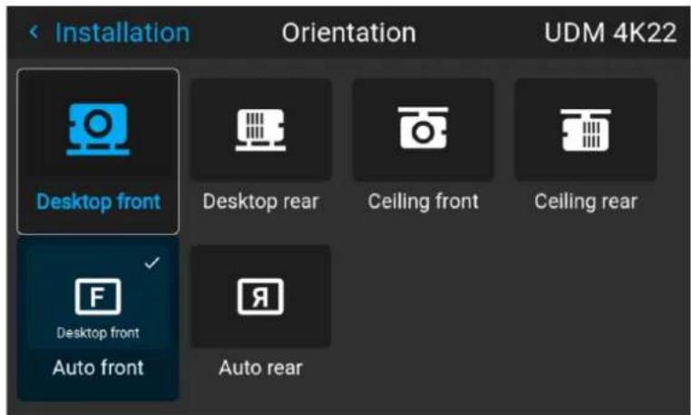 Installation Orientation UDM 4K22 Desktop front Desktop rear Ceiling front Ceiling rear Desktop front Auto front Auto rear