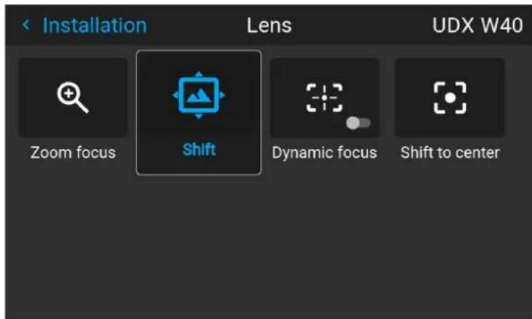 Installation Lens UDX W40 Zoom focus Shift Dynamic focus Shift to center