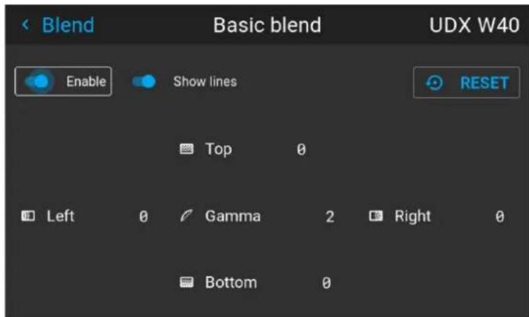 Blend Basic blend UDX W40 Enable Show lines RESET Top 0 Left 0 Gamma 2 Right 0 Bottom 0