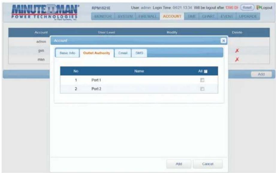 MINUTE EOMAN® POWER TECHNOLOGIES in New Systems, Inc. RPM1521E User admin: Login Time: 04/21 13:34 Will be logout after 13/06.09 Reset Logout MONITOR SYSTEM FIREWALL ACCOUNT TIME CHART EVENT UPGRADE Account User Level Modify Delete admin Account gen Basic Info Outlet Authority Email SMS man No Name All 1 Port 1 2 Port 2 Add Cancel