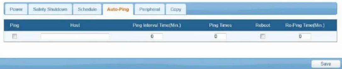 Power Safety Shutdown Schedule Auto-Ping Peripheral Copy Ping Host Ping Interval Time(Min.) Ping Times Reboot Re-Ping Time(Min.) 0 0 0 Save