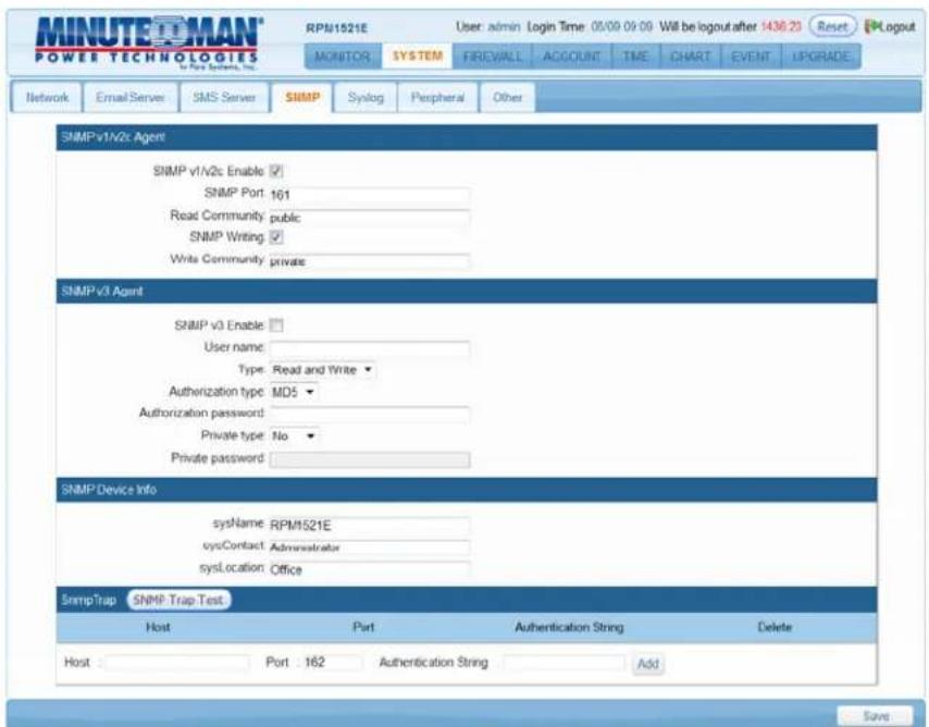 MINUTEOMAN POWER TECHNOLOGIES in Power Systems, Inc. RPM/1521E User: admin Login Time: 05/09 09:09 Will be logout after 1436.23 Reset Logout MONITOR SYSTEM FIREWALL ACCOUNT TIME CHART EVENT UPGRADE Network Email Server SMS Server SNMP Syslog Peripheral Other SNMP-v1/v2c Agent SNMP v1/v2c Enable ✓ SNMP Port 161 Read Community public SNMP Writing ✓ Write Community private SNMP-v3 Agent SNMP v3 Enable ✓ User name: Type: Read and Write ▼ Authorization type: MD5 ▼ Authorization password: Private type: No ▼ Private password :\ SNMP Device Info sysName RPM/1521E sysContact Administrator sysLocation Office SnmpTrap SNMP Trap Test Host Part Authentication String Delete Host : Port : 162 Authentication String Add Save