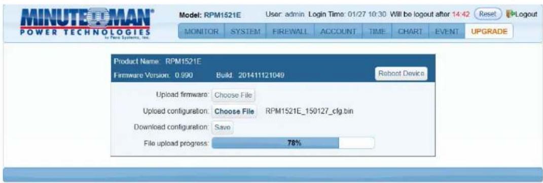 MINUTEOMAN® POWER TECHNOLOGIES for Power Systems, Inc. Model: RPM1521E User: admin. Login Time: 01/27 10:30 Will be logout after 14:42 Reset Logout MONITOR SYSTEM FIREWALL ACCOUNT TIME CHART EVENT UPGRADE Product Name: RPM1521E Firmware Version: 0.990 Build: 201411121049 Reboot Device Upload firmware: Choose File Upload configuration: Choose File RPM1521E_150127.cfg.bin Download configuration: Save File upload progress: 78%