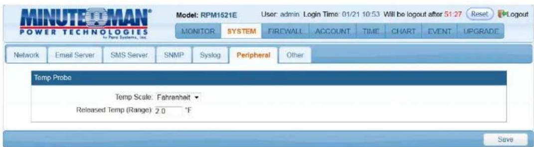 MINUTEOMAN® POWER TECHNOLOGIES to Power Systems, Inc. Model: RPM1521E User: admin Login Time: 01/21 10:53 Will be logout after 51:27 Reset Logout MONITOR SYSTEM FIREWALL ACCOUNT TIME CHART EVENT UPGRADE Network Email Server SMS Server SNMP Syslog Peripheral Other Temp Probe Temp Scale: Fahrenheit Released Temp (Range) 2.0 °F Save