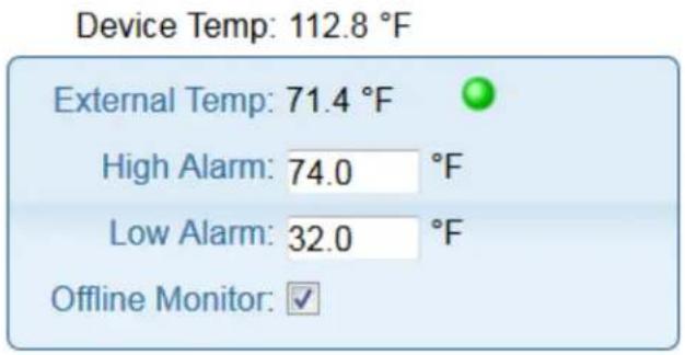 Device Temp: 112.8 °F External Temp: 71.4 °F High Alarm: 74.0 °F Low Alarm: 32.0 °F Offline Monitor: ✓