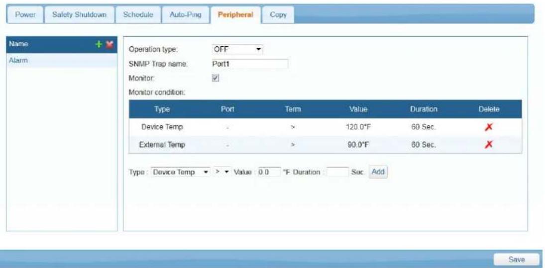 Power Safety Shutdown Schedule Auto-Ping Peripheral Copy Name Alarm Operation type: OFF SNMP Trap name: Port1 Monitor: Monitor condition: Type Port Term Value Duration Delete Device Temp - > 120.0°F 60 Sec. External Temp - > 90.0°F 60 Sec. Type: Device Temp > Value 0.0 °F Duration: Sec. Add Save