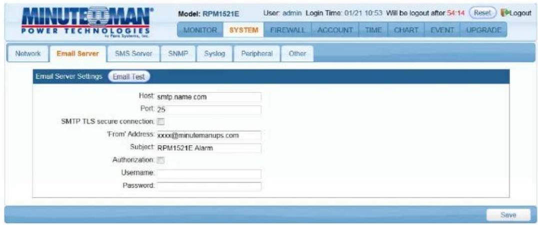 MINUTEOMAN® POWER TECHNOLOGIES by Power Systems, Inc. Model: RPM1521E User: admin Login Time: 01/21 10:53 Will be logout after 54:14 Reset Logout MONITOR SYSTEM FIREWALL ACCOUNT TIME CHART EVENT UPGRADE Network Email Server SMS Server SNMP Syslog Peripheral Other Email Server Settings Email Test Host: smtp.name.com Port: 25 SMTP TLS secure connection: 'From' Address: xxxx@minulemanups.com Subject: RPM1521E Alarm Authorization: Username: Password: Save