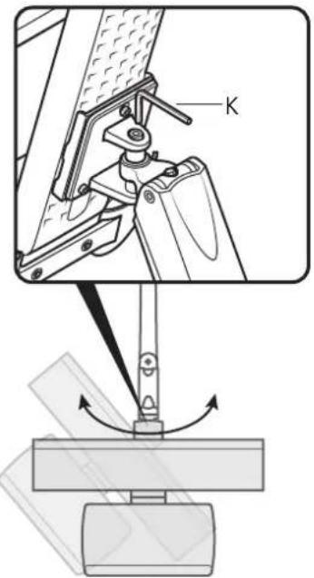 Technical diagram showing mechanical assembly with labeled component 'K' and directional arrows indicating motion or force