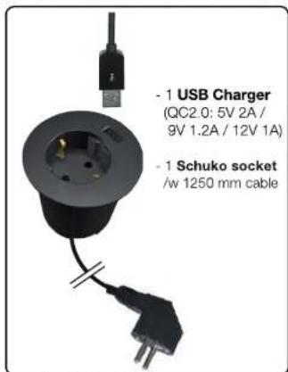 - 1 USB Charger (QC2.0: 5V 2A / 9V 1.2A / 12V 1A) - 1 Schuko socket /w 1250 mm cable