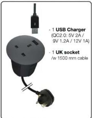 - 1 USB Charger (QC2.0: 5V 2A / 9V 1.2A / 12V 1A) - 1 UK socket /w 1500 mm cable