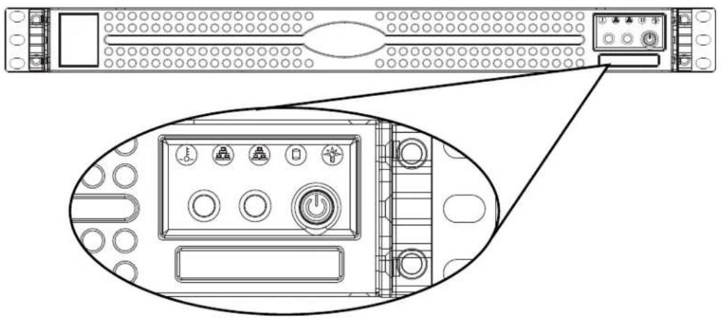 Technical diagram of a server rack with labeled control panel and indicator lights, showing front and side views.