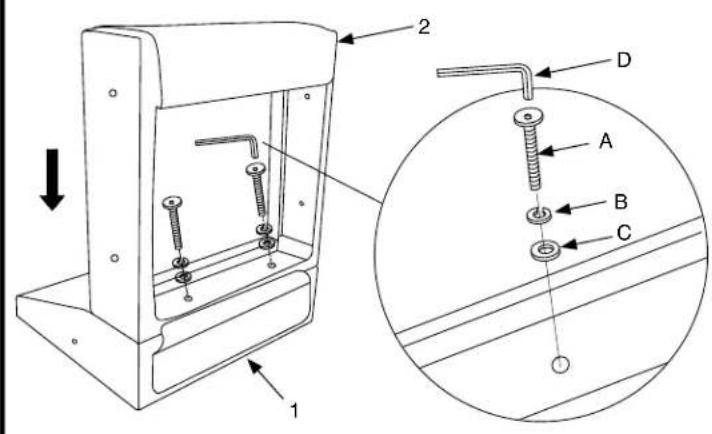 Technical diagram of a mechanical assembly with labeled parts and an inset view showing bolt installation details.