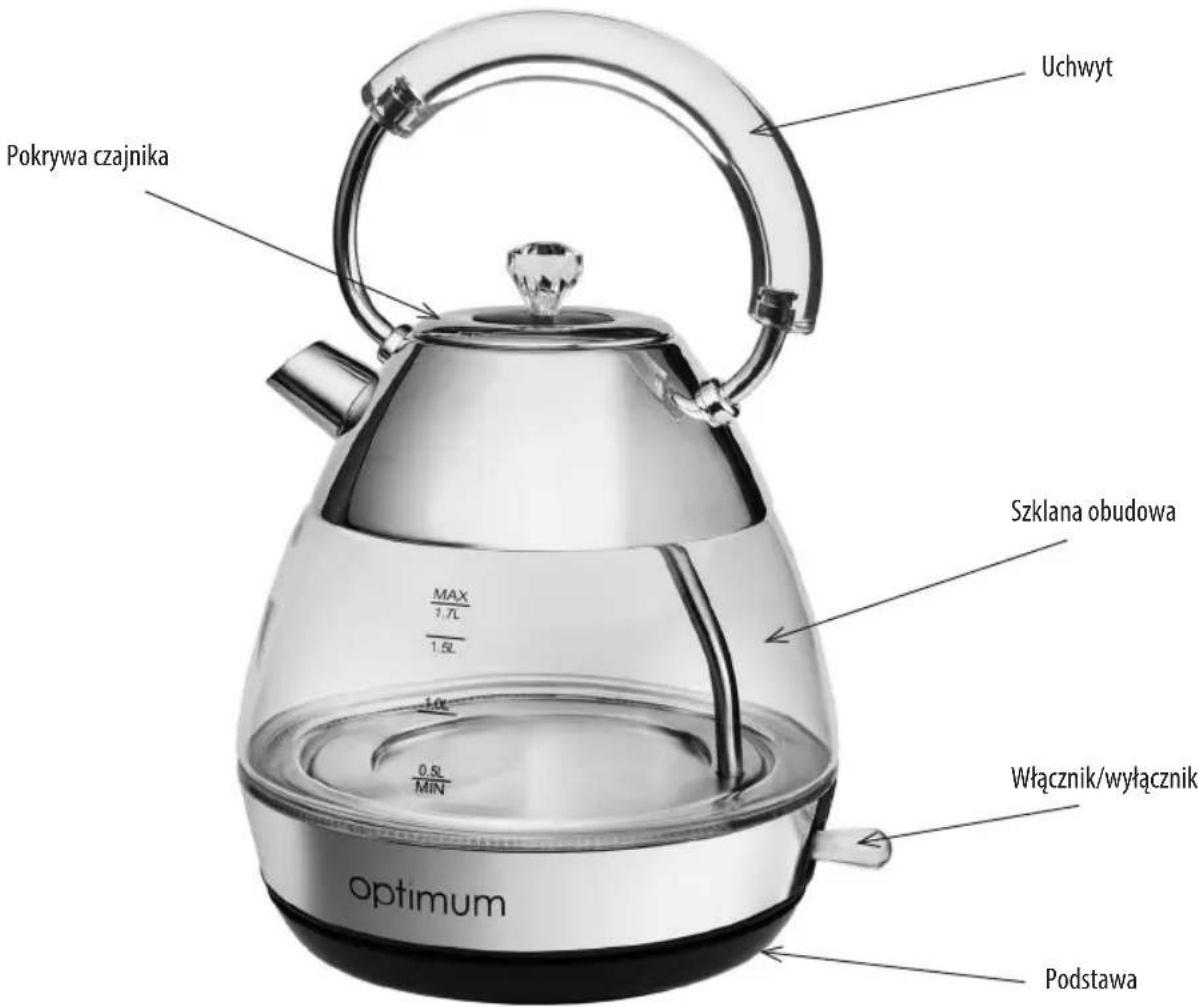 Uchwyt Pokrywa czajnika Szkłana obudowa MAX 7.7L 1.5L 100 0.5L MIN Włącznik/wyłącznik Optimum Podstawa