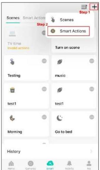 Step 1 Scenes Smart Actions Step 2 Smart Actions TV time Invalid actions Turn on scene Testing music test1 test1 Morning Go to bed History