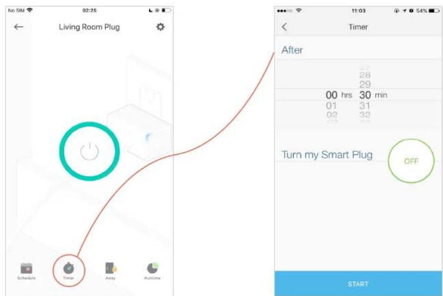 No SIM 02:25 Living Room Plug Schedule Time Away Runtime After 37 28 29 00 hrs 30 min 01 31 02 32 Turn my Smart Plug OFF START