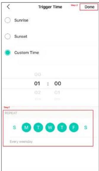 Trigger Time Sunrise Sunset Custom Time 01 : 00 02 01 Step1 REPEAT S M T W T F S Every weekday