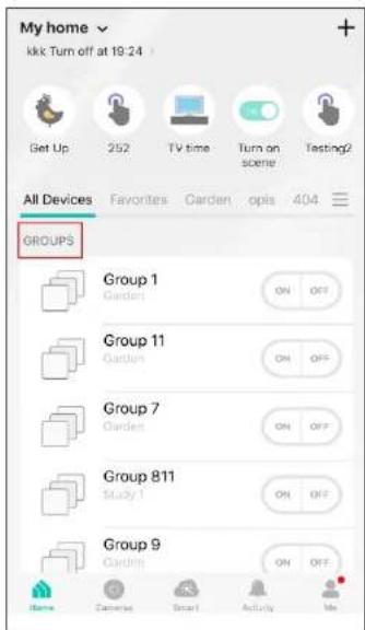 My home kkk Turn off at 19:24 Get Up 252 TV time Turn on scene Testing? All Devices Favorites Garden opis 404 GROUPS Group 1 Garden ON OFF Group 11 Garden ON OFF Group 7 Garden ON OFF Group 811 Study 1 ON OFF Group 9 Garden ON OFF Name Camera Smart Actively Me
