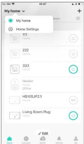 My home Home Settings 111 Home 222 Home 333 Home Heater Home Offline HS105JP2.1 Home Living Room Plug Home Edit
