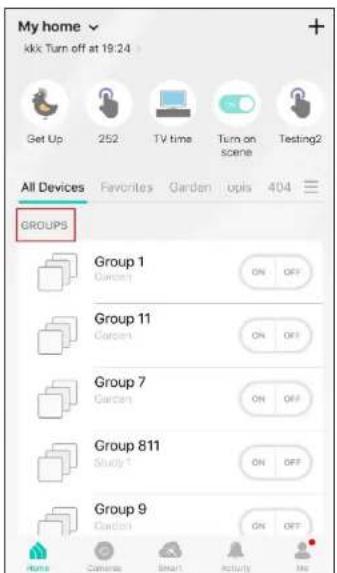 My home kkk Turn off at 19:24 Get Up 252 TV time Turn on scene Testing2 All Devices Favorites Garden ups 404 GROUPS Group 1 Garden ON OFF Group 11 Garden ON OFF Group 7 Garden ON OFF Group 811 Study T ON OFF Group 9 Garden ON OFF Home Camera Smart Activity Me