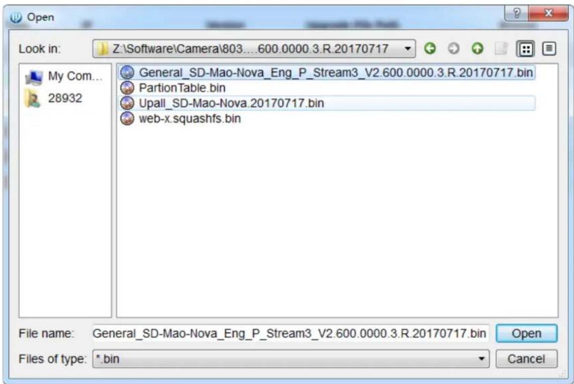 Look in: Z:\Software\Camera\803...600.0000.3.R.20170717 General_SD-Mao-Nova_Eng_P_Stream3_V2.600.0000.3.R.20170717.bin PartionTable.bin Upall_SD-Mao-Nova.20170717.bin web-x.squashfs.bin File name: General_SD-Mao-Nova_Eng_P_Stream3_V2.600.0000.3.R.20170717.bin Files of type: *.bin Open Cancel