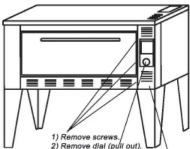 1) Remove screws. 2) Remove dial (pull out).
