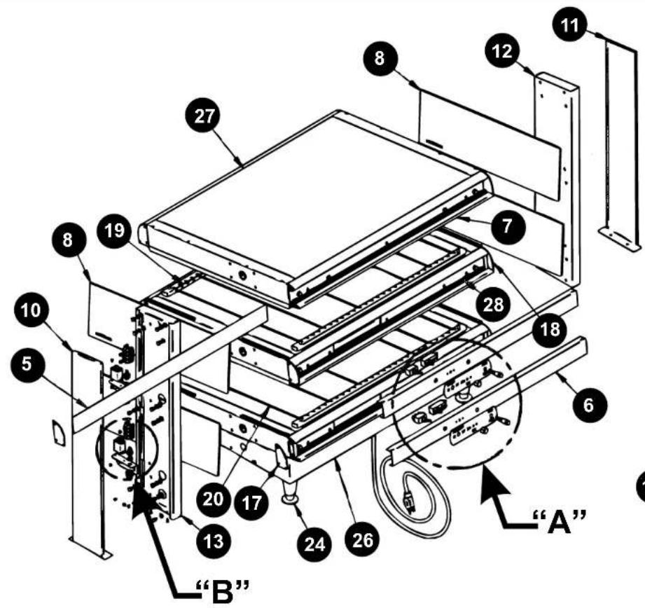 Technical diagram of a rack-mounted server with numbered components and labeled parts such as 'A' and 'B'