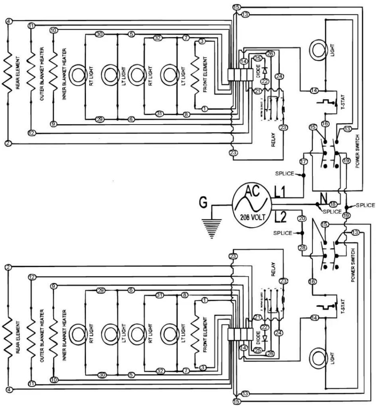graph TD subgraph Left_Circuit A["REAR ELEMENT"] --> B["OUTER BLANKET HEATER"] B --> C["INNER BLANKET HEATER"] C --> D["RT LIGHT"] D --> E["LT LIGHT"] E --> F["RT LIGHT"] F --> G["LT LIGHT"] G --> H["FRONT ELEMENT"] end subgraph Right_Circuit I["REAR ELEMENT"] --> J["OUTER BLANKET HEATER"] J --> K["…