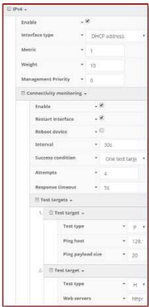 IPv4 Enable Interface type Metric Weight Management Priority Connectivity monitoring Enable Restart Interface Reboot device Interval Success condition Attempts Response timeout Test targets 1. Test target Test type Ping host Ping payload size 20 Test target Test type Web servers http