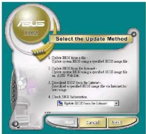 ASUS Update Select the Update Method 1. Update BIOS from a file - Update system BIOS using a specified BIOS image file. 2. Update BIOS from the Internet - Update system BIOS using a specified BIOS image file on. ASUS Web list. 3. Downloaded BIOS from the Internet - Downloaded a specified BIOS image file via Internet for later usage. 4. Check BIOS Information Update BIOS from the Internet OK Cancel Next
