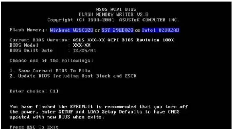 ASUS ACPI BIOS FLASH MEMORY WRITER U2.8 Copyright (C) 1994-2001 ASUSIOK COMPUTER INC. Flash Memory: Winbond U29C020 or SST 29EE920 or Intel 82802AB Current BIOS Version: ASUS XXX-XX ACPI BIOS Revision 100X BIOS Model : XXX-XX BIOS Built Date : 12/25/01 Choose one of the followings: 1. Save Current BIOS To File 2. Update BIOS Including Boot Block and ESCD Enter choice: [1] You have flashed the EPROM: It is recommended that you turn off the power, enter SETUP and LOAD Setup Defaults to have CMOS updated with new BIOS when exits. Press ESC To Exit