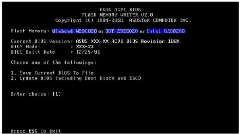 ASUS ACPI BIOS FLASH MEMORY WRITER U2.0 Copyright (C) 1994-2001 ASUSToK COMPUTER INC. Flash Memory: Winbond W29C020 or SST 29EE020 or Intel 82B02AD Current BIOS Version: ASUS XXX-XX ACPI BIOS Revision 10BEX BIOS Model : XXX-XX BIOS Built Date : 12/25/01 Choose one of the followings: 1. Save Current BIOS To File 2. Update BIOS Including Boot Block and ESCD Enter choice: [1] Press ESC To Exit