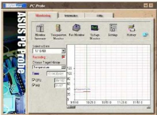 PC Probs Monitoring Information Utility Monitor Summary Temperature Monitors Fan Monitors Voltage Monitors Settings History Select a Date 1/ 6/00 Recording Choose Target History Temperature Time 10:14:30 AM CPU 99*102 M8 31.657 120 100 80 60 40 20 0 9:51:0 10:21:0 10:51:0 11:21:0 11:51:0 Used